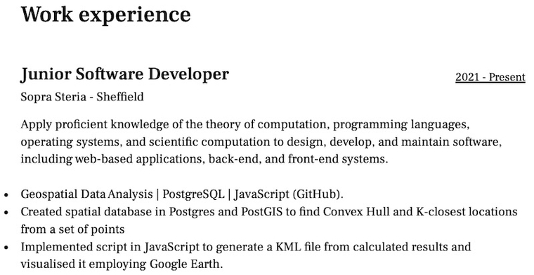 Junior Software Developer CV example - Work experience