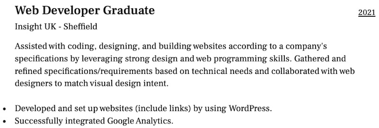 Web Developer Graduate CV example - Work experience