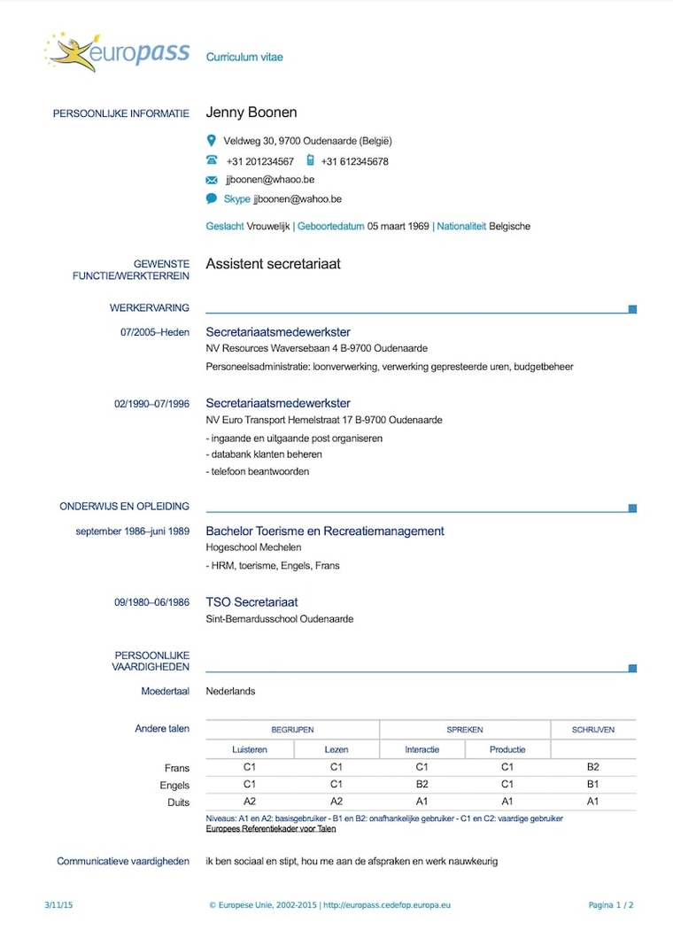 Europass cv voorbeeld