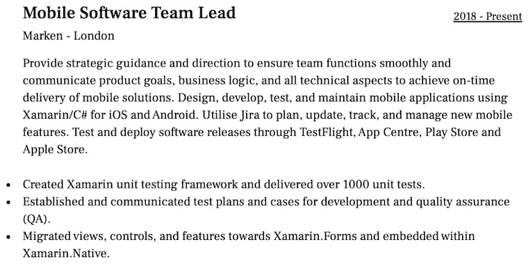 Mobile Software Team Lead CV example - Work experience