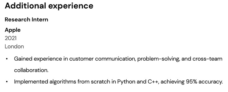 Junior Software Developer CV example - Additional work experience