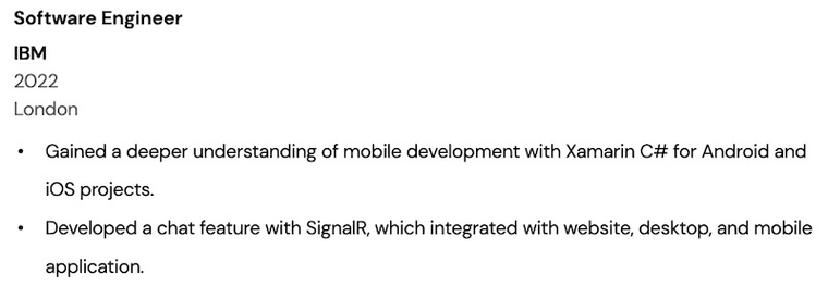 Software Engineer CV example - Additional work experience